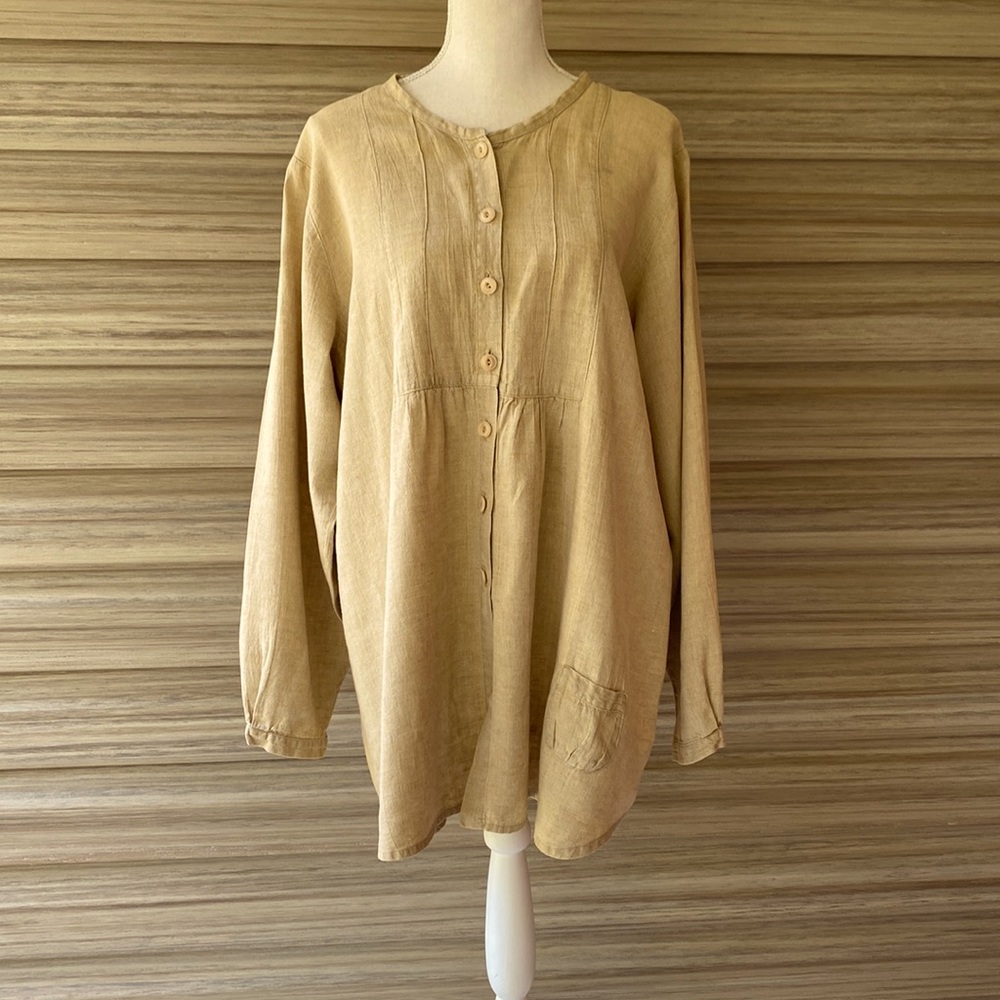 FLAX Button Front Long Sleeve Linen Top Size Medium